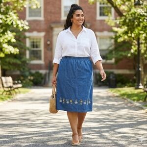 Vintage Floral Embroidered Midi Denim Skirt Size 16 Farmhouse